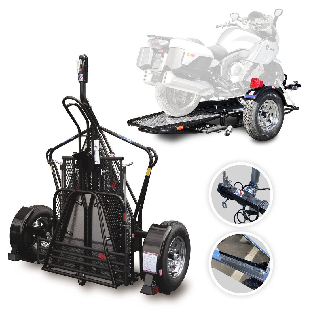 1-MainImage_1080x_e54b701a-ea97-4e05-8f9b-895e564dda4d-1.jpg Go! Series Single Rail Folding Motorcycle Trailers – Deluxe Chrome Wheels Balanced - Image 1