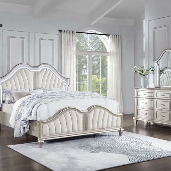 Coaster Fine Furniture Evangeline Bedroom Set – Glam Silver Oak Finish, Double Arch Tufted Headboard, USB Nightstand & Felt-Lined Drawers