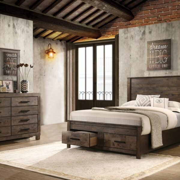 Coaster Fine Furniture Woodmont Bedroom Set – Rustic Golden Brown Wire-Brushed Hardwood with Storage Drawers & Bar Handles