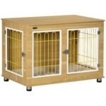 Dog Crate Side End Table Indoor with Soft Cushion, Double Doors, for Medium Large Dogs