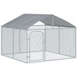 Dog Kennel Outdoor Heavy Duty Playpen with Galvanized Steel Secure Lock Mesh Sidewalls and Waterproof Cover for Backyard & Patio