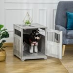 Furniture Stylish Dog Kennel, Wooden & Wire End Table with Cushion & Lockable Door, Miniature Size Pet Crate Indoor Puppy Cage, Grey - Image 2