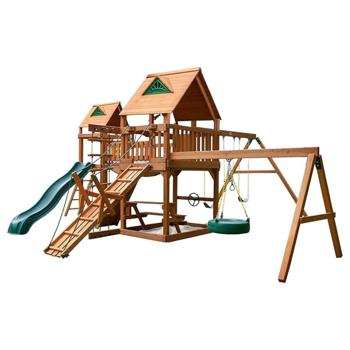gorilla-playsets-pioneer-peak-treehouse-wooden-swing-set-with-clatter-bridge-tire-swing-5755463.jpg Gorilla Playsets Pioneer Peak Treehouse Wooden Swing Set with Clatter Bridge & Tire Swing - Image 1