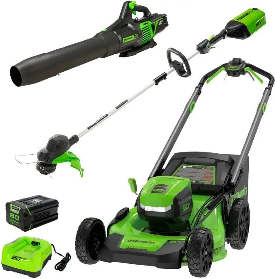 greenworks-80v-21-lawn-mower-13-string-trimmer-and-730-leaf-blowers-3014511.jpg Greenworks 80V 21” Lawn Mower, 13” String Trimmer, and 730 Leaf Blowers. - Image 1