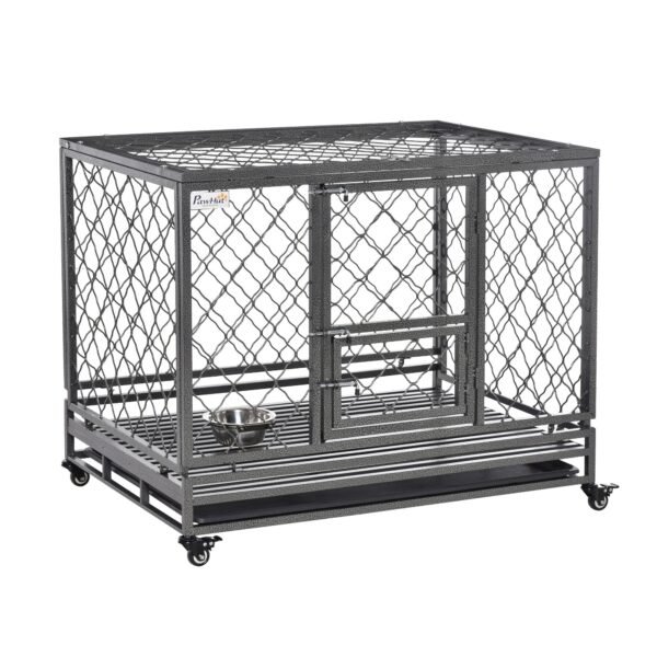 Heavy Duty Dog Cage Metal Kennel and Crate Dog Playpen with Lockable Wheels, Slide-out Tray, Food Bowl and Double Doors
