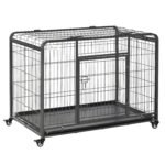 Heavy Duty Metal Dog Crate Pet Cage & Kennel with Removable Tray 4 Wheels & Folding Design Indoor Grey