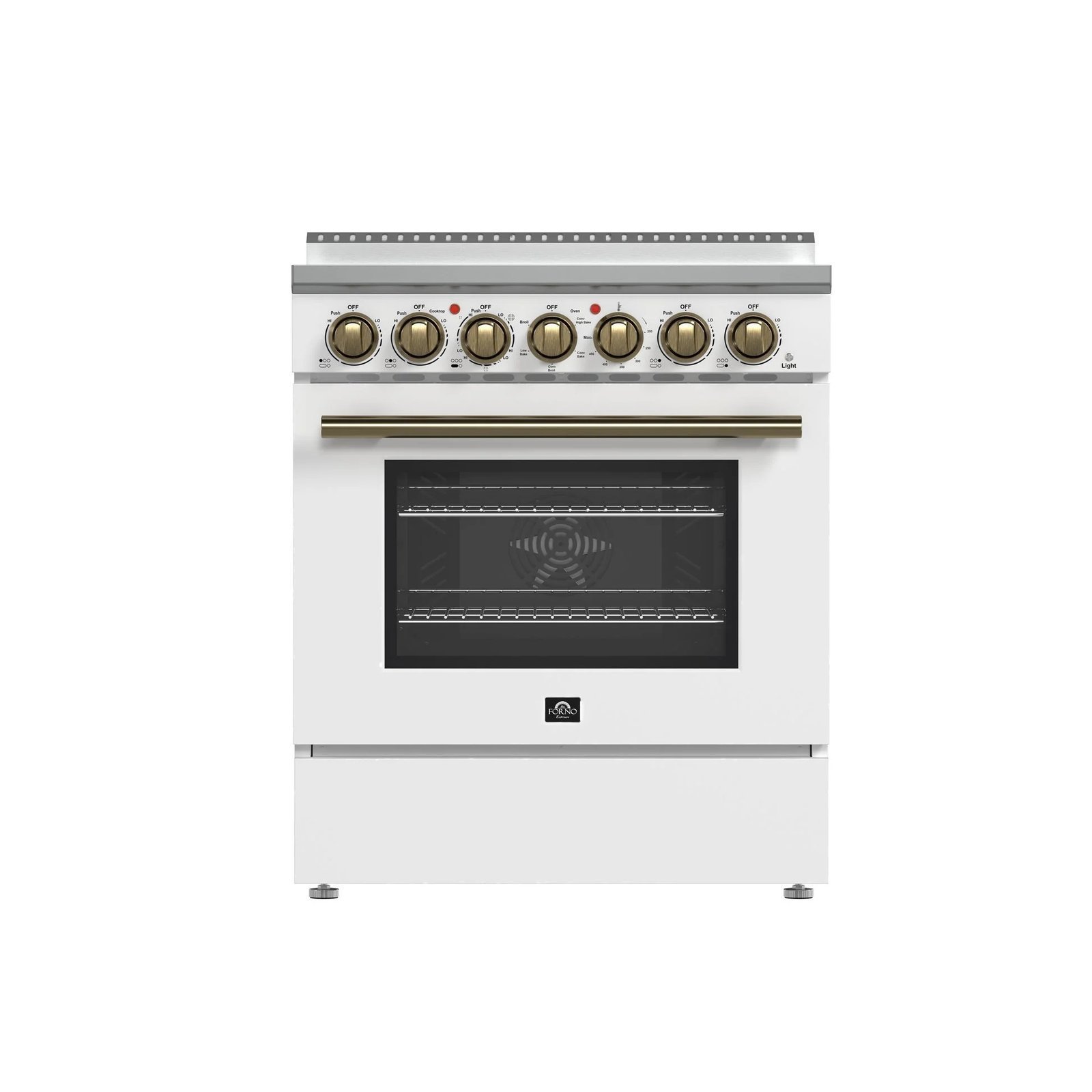 imageye___-_imgi_239_ElectricRange_FFSEL6011-30WHT_2024_11_Front.jpg FORNO Espresso Paolo 30″ 4.38 cu. ft. Freestanding Electric Range in White with Antique Brass Handles, FFSEL6011-30WHT - Image 1