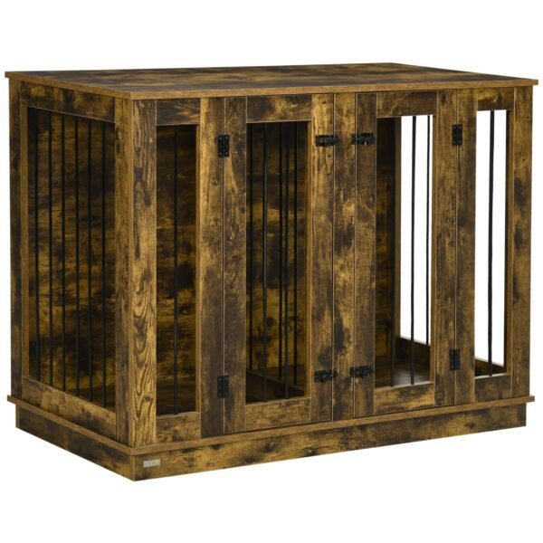 Large Furniture Style Dog Crate with Removable Panel, End Table with Two Rooms Design and Two Front Doors, Rustic Brown, 47″ x 23.5″ x 35″