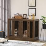 Large Furniture Style Dog Crate with Removable Panel, End Table with Two Rooms Design and Two Front Doors, Walnut, 47″ x 23.5″ x 35″ - Image 2