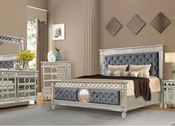 McFerran Home Furnishing B1689 Silver & Grey Velvet Bedroom Set