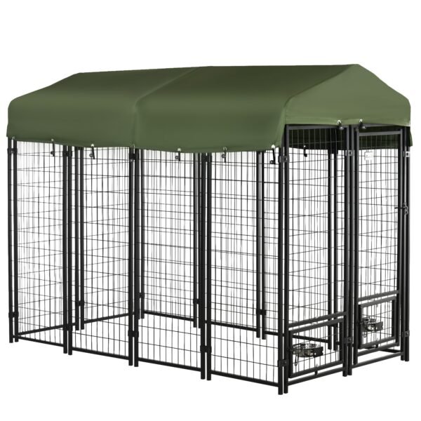 Outdoor Dog Kennel, Lockable Pet Playpen Crate, Welded Wire Steel Fence, with Water-, UV-Resistant Canopy, Rotating Bowl Holders, Door