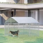 Outdoor Metal Dog Kennel, Pet Playpen with Steel Lock, Mesh Sidewalls and Cover for Backyard & Patio, 9.8′ x 9.8′ x 7.7′ - Image 2