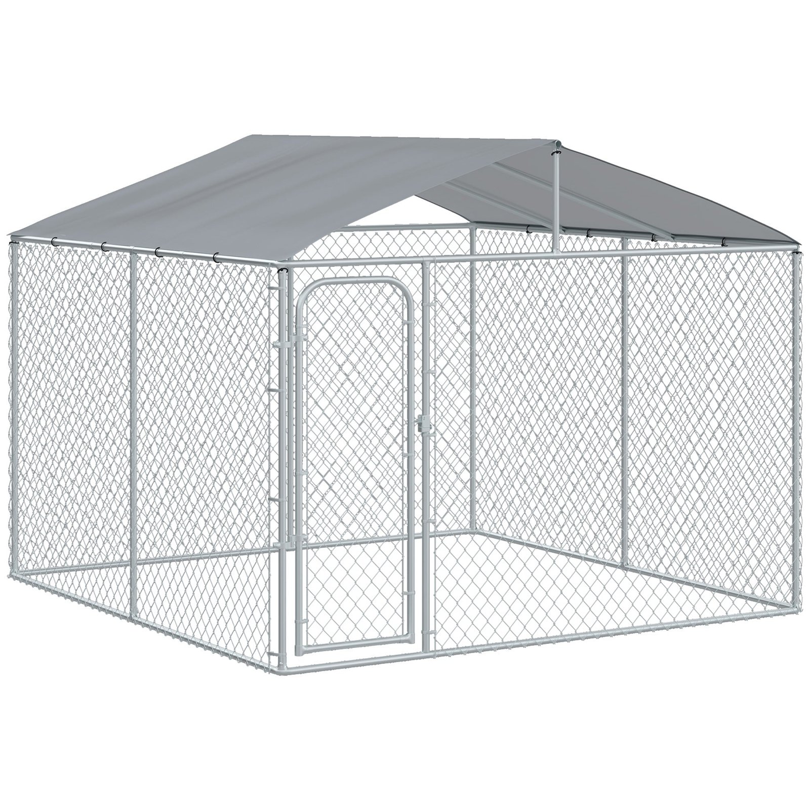 outdoor-metal-dog-kennel-pet-playpen-with-steel-lock-mesh-sidewalls-and-cover-for-backyard-patio-98-x-98-x-77-7837109.jpg Outdoor Metal Dog Kennel, Pet Playpen with Steel Lock, Mesh Sidewalls and Cover for Backyard & Patio, 9.8′ x 9.8′ x 7.7′ - Image 1