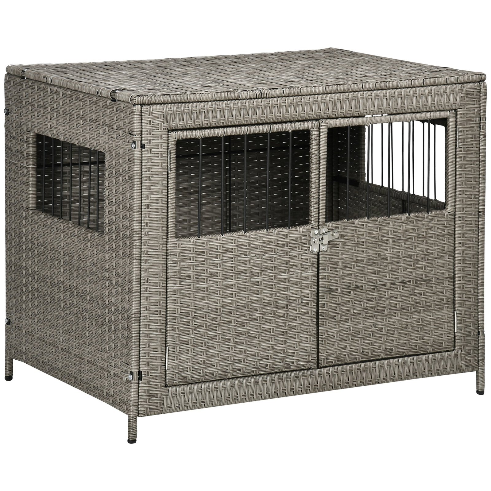 rattan-dog-crate-with-double-doors-wicker-dog-cage-with-soft-washable-cushion-dog-kennel-furniture-for-medium-to-large-sized-dogs-grey-4255432-1.jpg Rattan Dog Crate with Double Doors, Wicker Dog Cage with Soft Washable Cushion, Dog Kennel Furniture for Medium to Large Sized Dogs, Grey - Image 1
