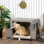 Rattan Dog Crate with Double Doors, Wicker Dog Cage with Soft Washable Cushion, Dog Kennel Furniture for Medium to Large Sized Dogs, Grey - Image 2