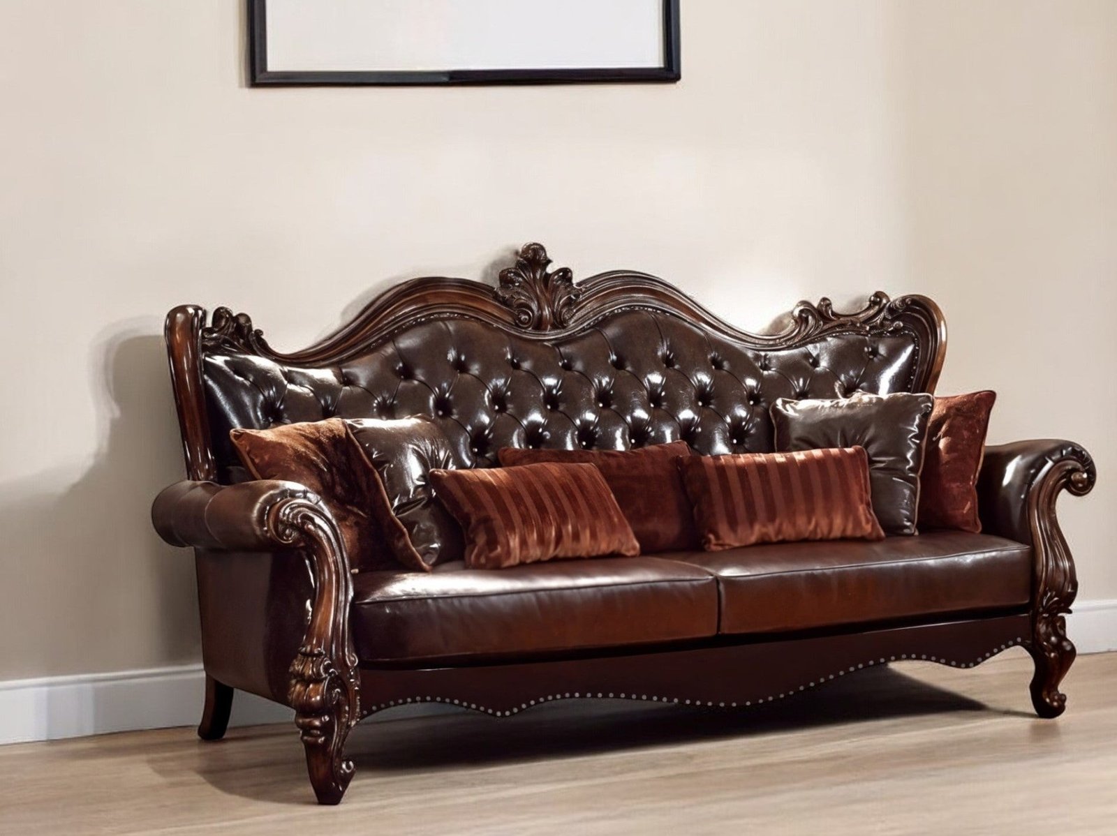 the-beaumont-brown-faux-leather-sofa-with-toss-pillows-7506321-2.jpg The Beaumont – Brown Faux Leather Sofa with Toss Pillows - Image 1