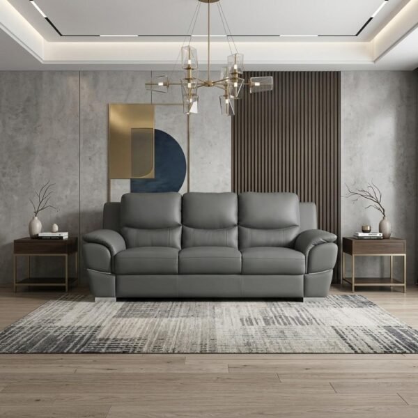 The Halston – 85″ Gray Leather Sofa With Silver Legs