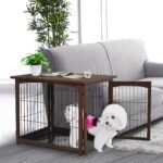 Wooden Decorative Dog Cage Pet Crate with Fence Side Table Small Animal House and Tabletop, Brown - Image 2