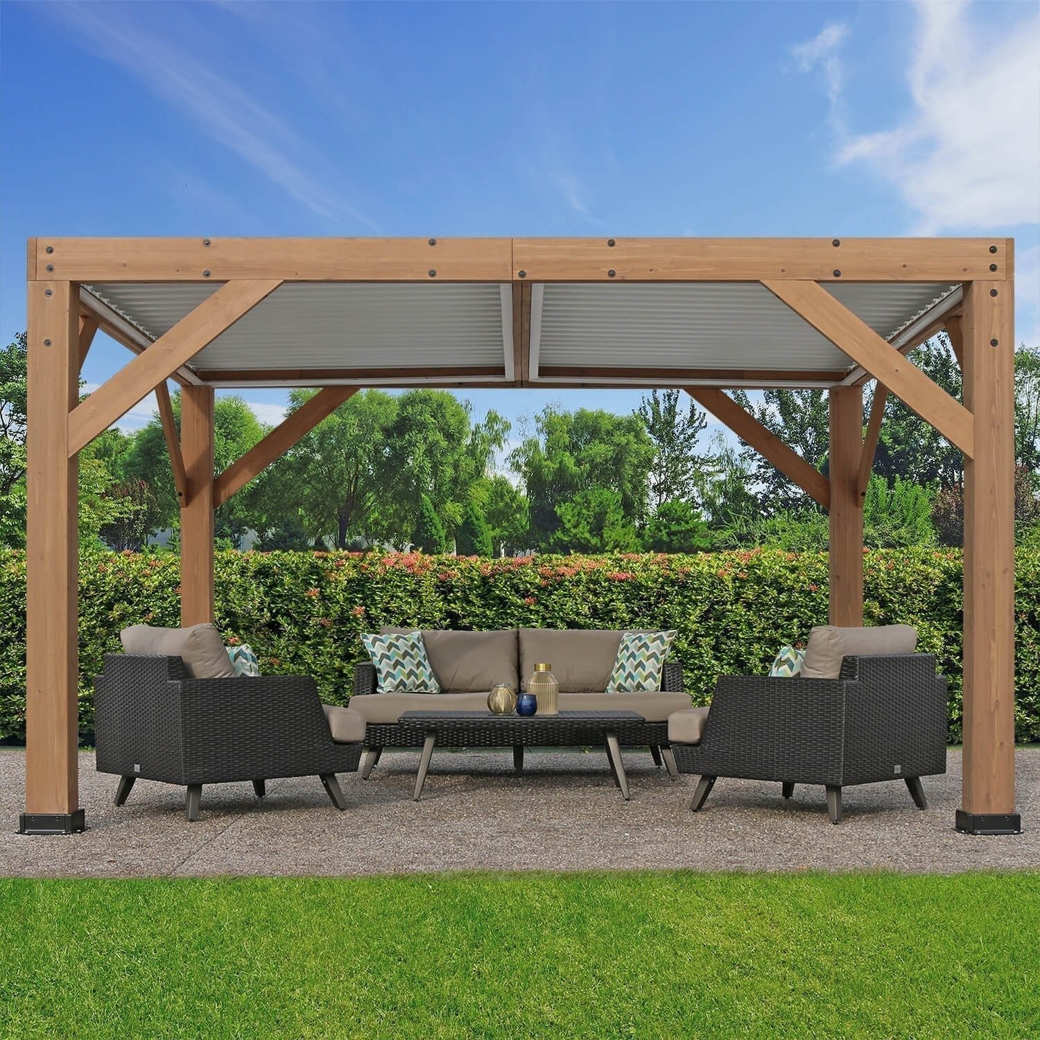 yardistry-structures-13-x-11-ft-cedar-louvered-roof-pergola-6439220.jpg Yardistry Structures 13 x 11 ft Cedar Louvered Roof Pergola - Image 1
